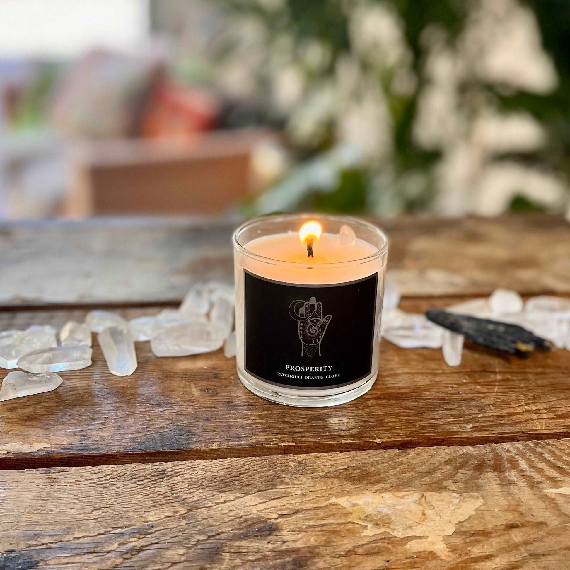 6 oz Natural GMM-Free Soy Wax Prosperity Candle for Abundance, Positivity, and Manifesting Goals with Organic Patchouli, Orange, and Clove Essential Oils and Clear Quartz Crystal