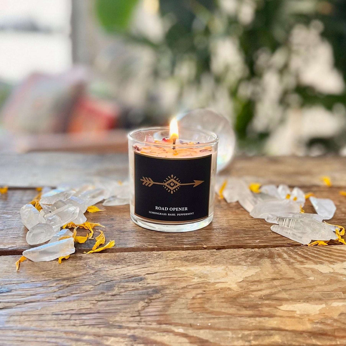 6 oz Natural GMM-Free Soy Wax Road Opener Candle for Fresh Beginnings, Clarity, and Uplifting Vibes with Organic Lemongrass, Basil, and Peppermint Essential Oils and Amethyst Crystal