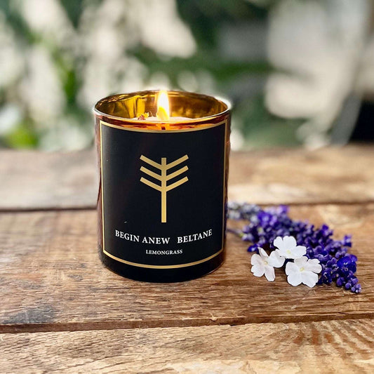 8.5 oz Natural GMM-Free Soy Wax Beltane | Begin Anew Candle for Fresh Beginnings, Clarity, and Uplifted Spirits with Organic Lemongrass, Rosemary, Peppermint Essential Oils, and Amethyst Crystal