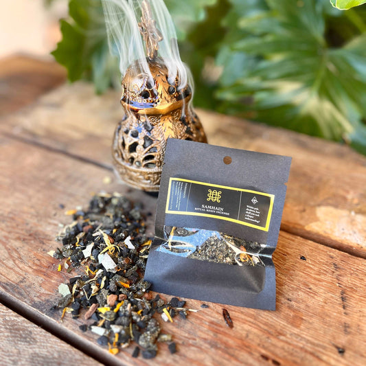 Honor the spirit of Samhain with our Samhain | Remember Ritual Resin Incense. This evocative blend features resins of frankincense, myrrh, and styrax, enriched with botanicals of bay leaf, calendula, nettles, and sage. Crafted to align with the energies of remembrance and reflection, this resin incense enhances your Samhain rituals with a profound and aromatic experience. Ignite the essence of ancestral connection with this carefully curated blend.