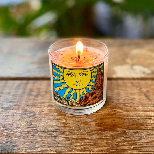 6 oz Natural GMM-Free Soy Wax The Sun Tarot Candle for Positivity, Radiance, and Aromatherapy with Organic Orange, Bergamot, Grapefruit Essential Oils and Amethyst Crystal